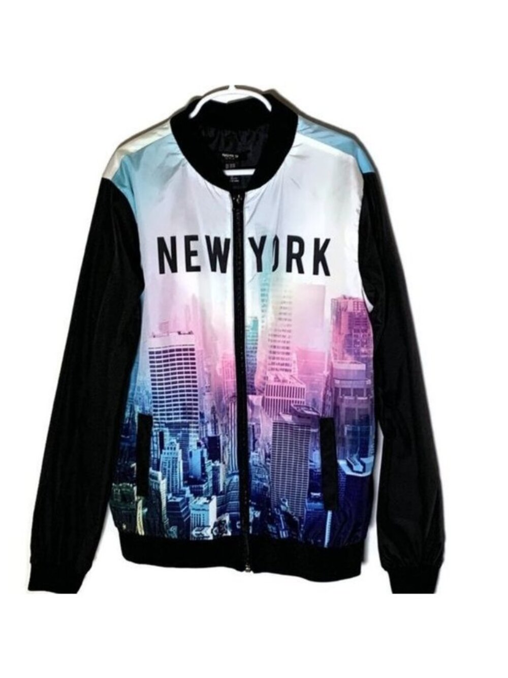 Forever 21 Girls Bomber Jacket Size 13 14 New York Graphic Zip Up